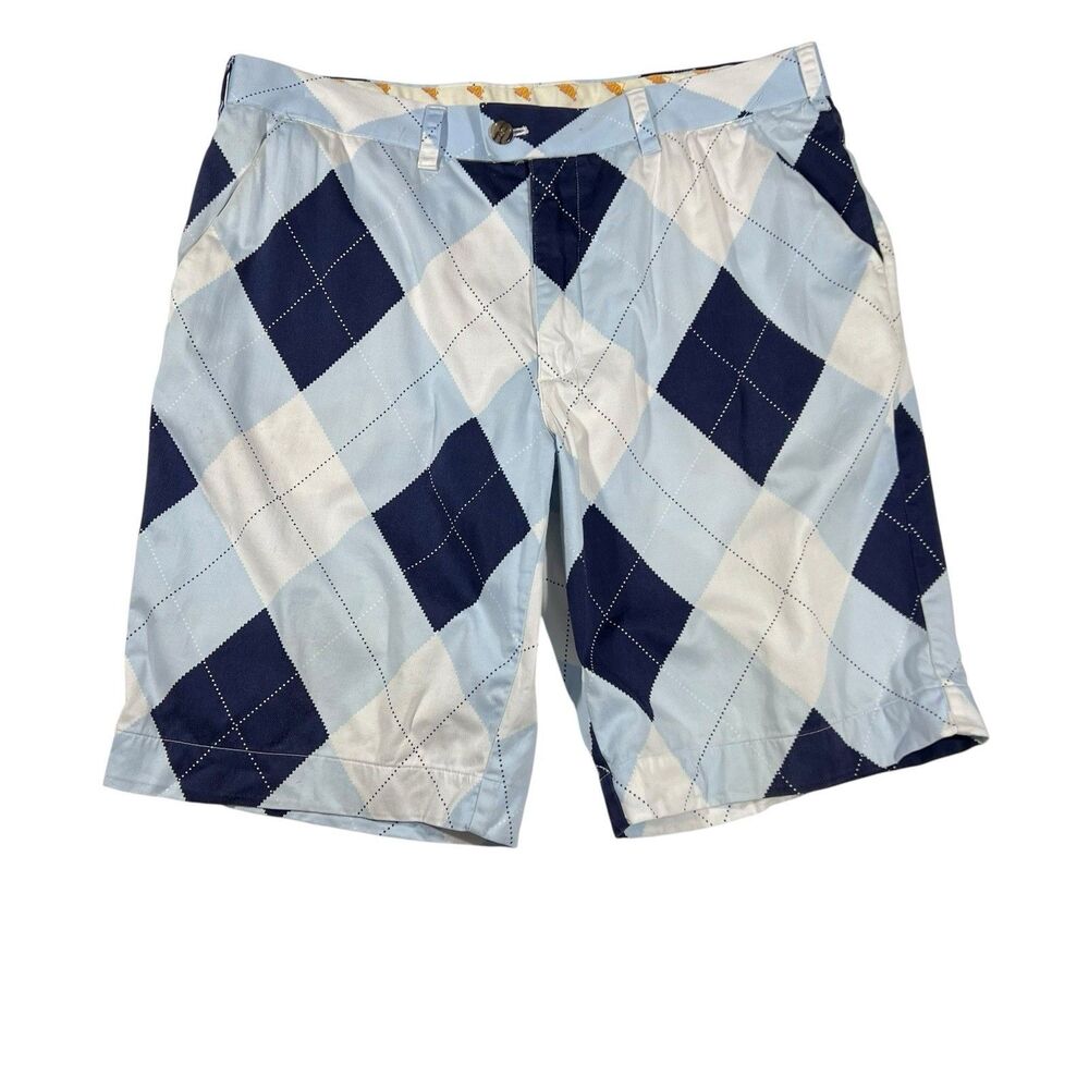 Loudmouth Golf Shorts Argyle Pattern Cotton Blend Blue White Mens Size 38